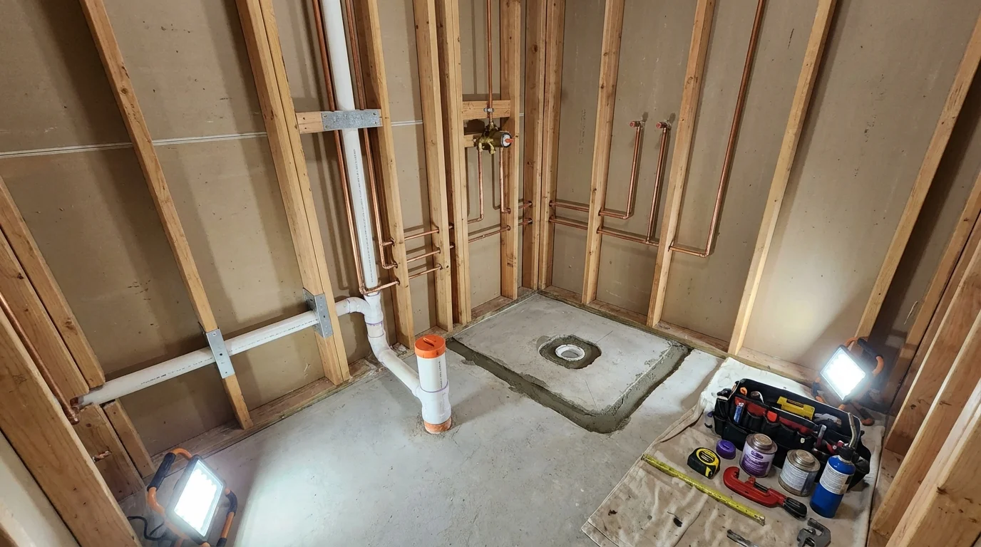 Bathroom rough-in plumbing during remodel by Johns Plumbing LLC in Cathedral City