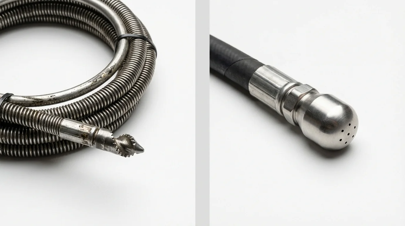 Drain snake cable and hydro jetting nozzle used for drain cleaning in Cathedral City, CA