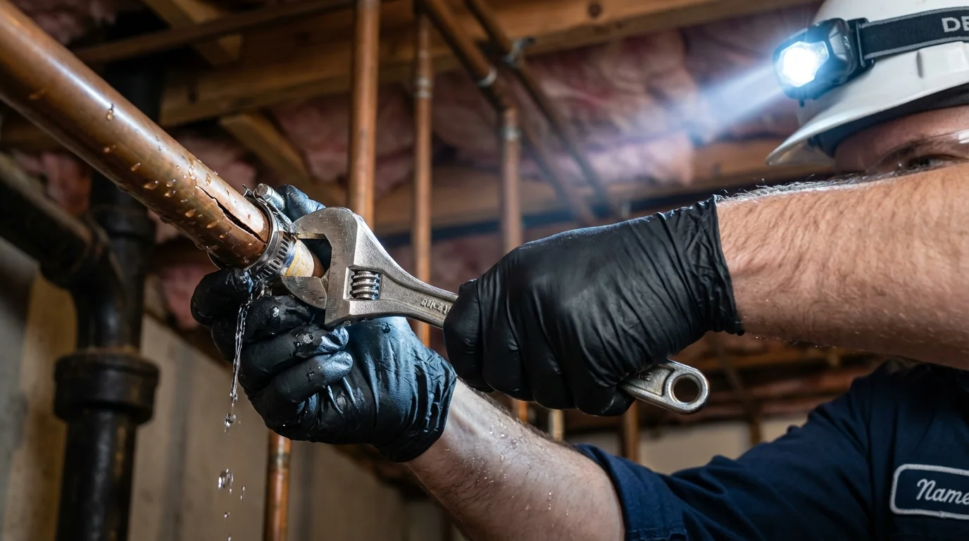 Emergency pipe clamp repair being performed by a Johns Plumbing LLC plumber in Cathedral City