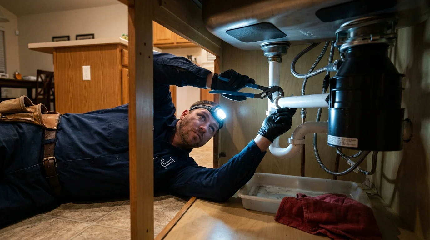 P-trap and supply line connections under a kitchen sink showing a common leak point in Cathedral City, CA